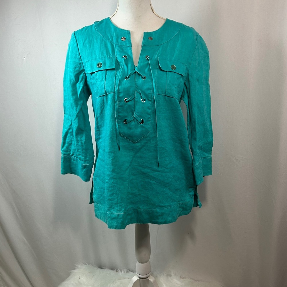Jones New York Signature Linen Blouse Top Teal Green Button Up Shirt